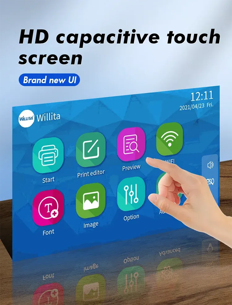 Industrial inkjet printer touchscreen interface with icons and hand touch control
