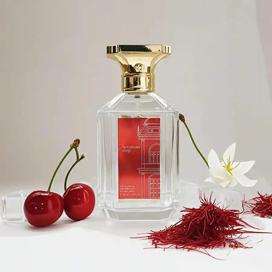 Berrydecare Rouge 100ml EDP: Oriental woody saffron perfume for women in a hexagonal glass bottle with a gold cap.