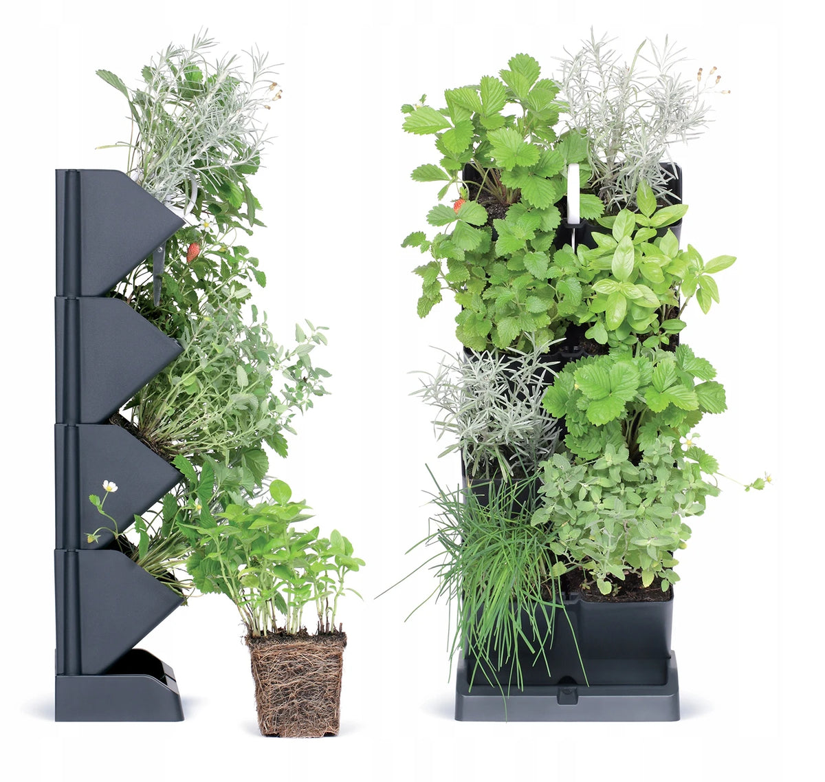 Dark grey vertical modular planter with tiered trays, 4 compartments, front view