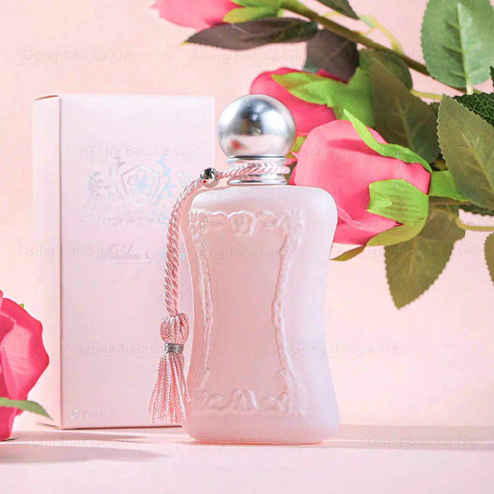 Gong Bao La Ge 75ml EDP for women. Pink luxury floral pheromone perfume in ornate frosted bottle with decorative tassel.