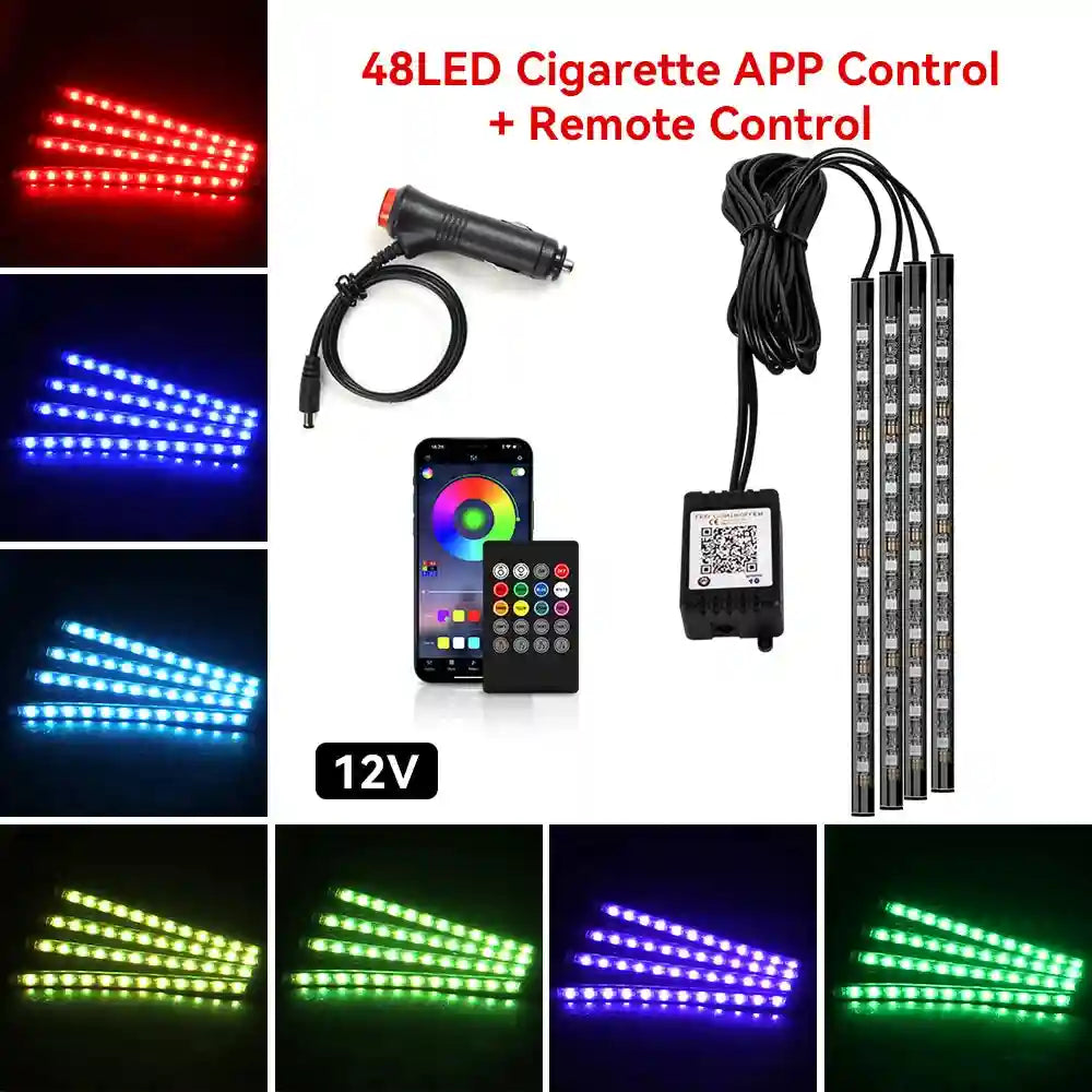 Tidesmit Car Interior LED Ambient Lights - App Controlled RGB USB Lighting 48LED Remote APP Cig Tidesmit