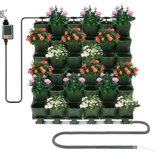 Green vertical wall planter with 36 cups and auto-drip irrigation, planted with mixed flowers