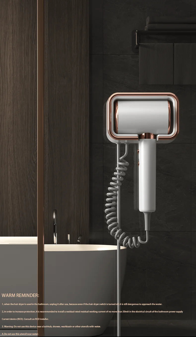HOMEFISH white and rose gold wall-mounted hairdryer with coiled cord for modern hotel bathroom styling.