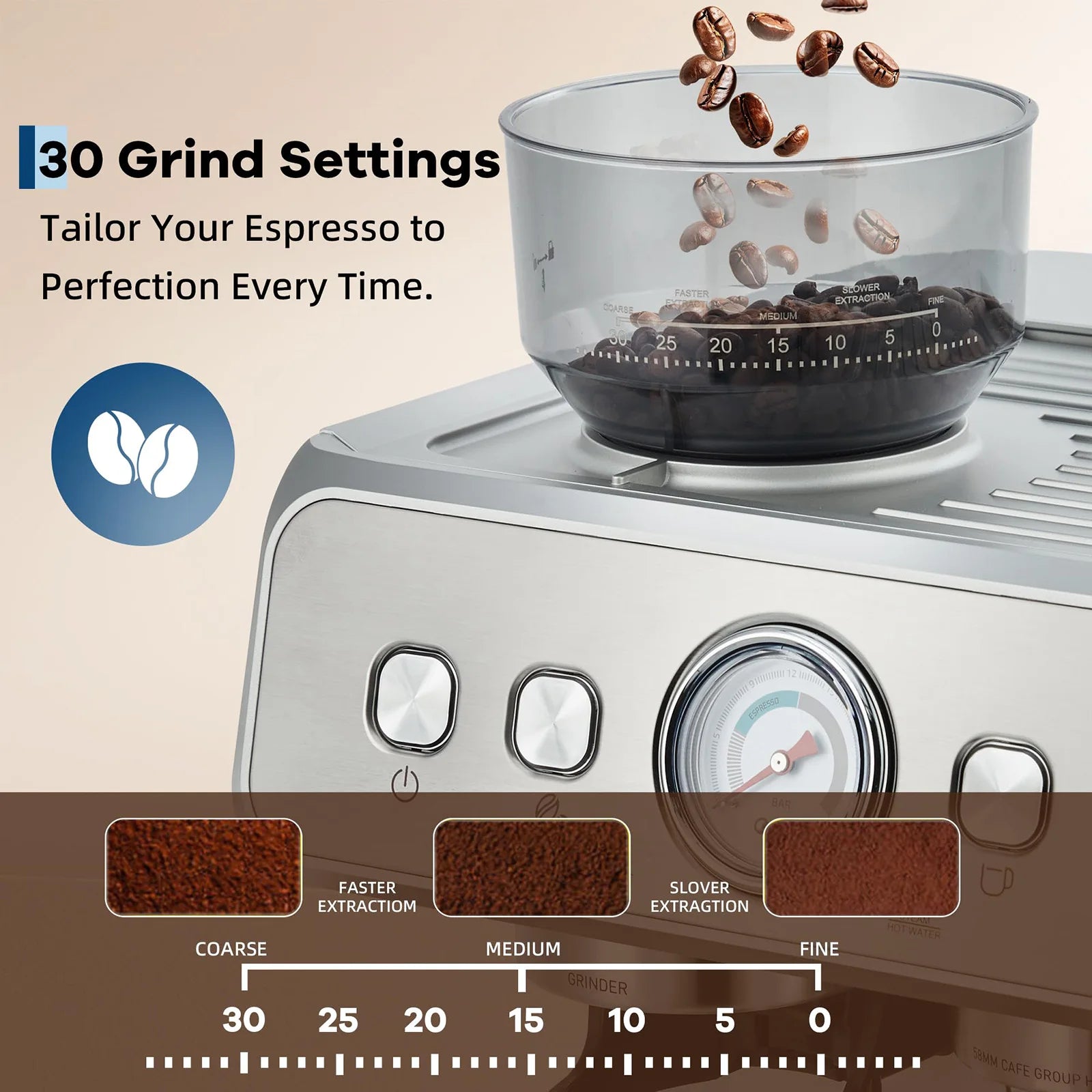 Stainless steel espresso machine with integrated grinder featuring 30 adjustable grind settings and pressure gauge.