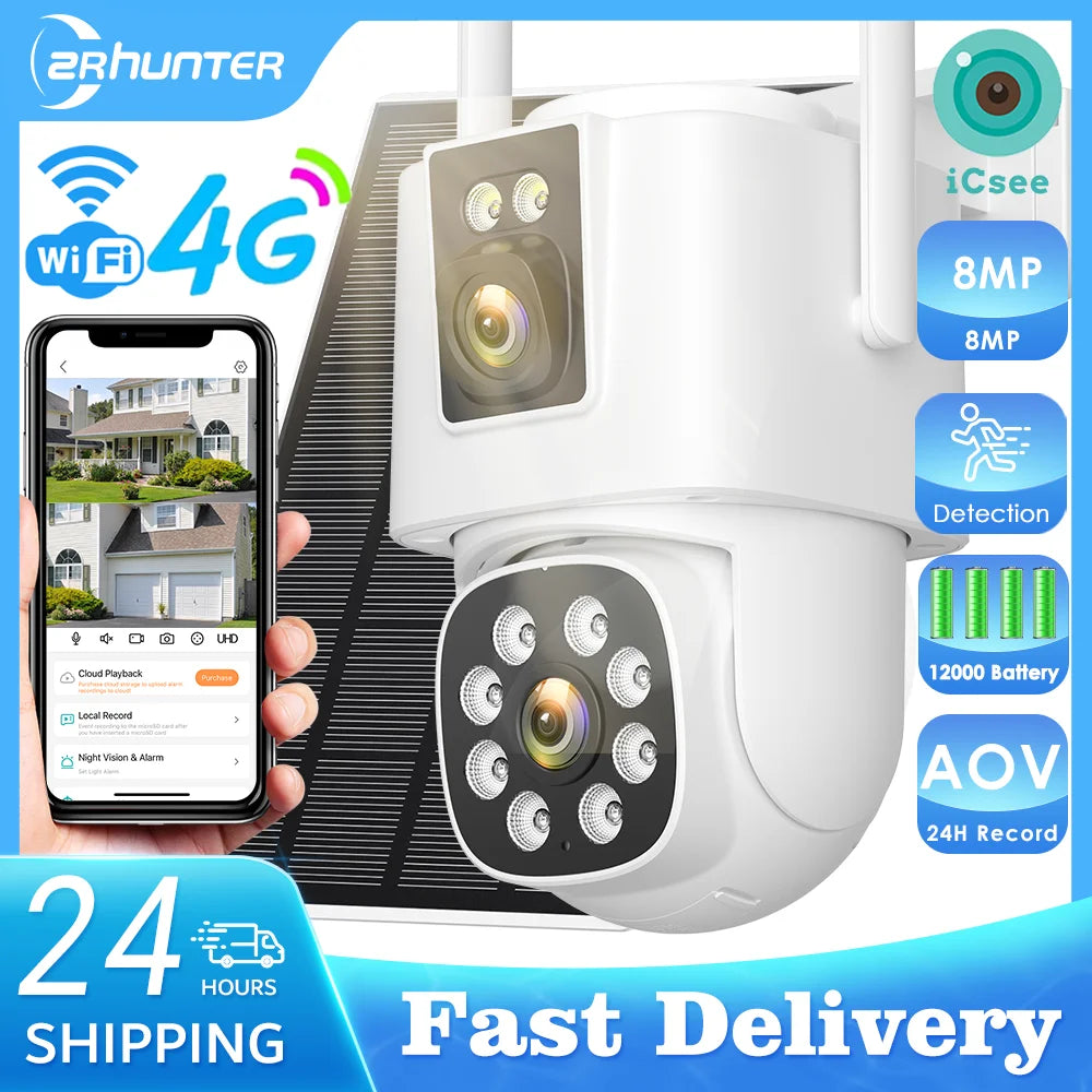 4G Solar Camera  Outdoors Wifi PTZ IP Camera 8MP 4K HD CCTV Camera AOV 24 Hour Recording Human Ai Auto Detect Tracking ICSee APP