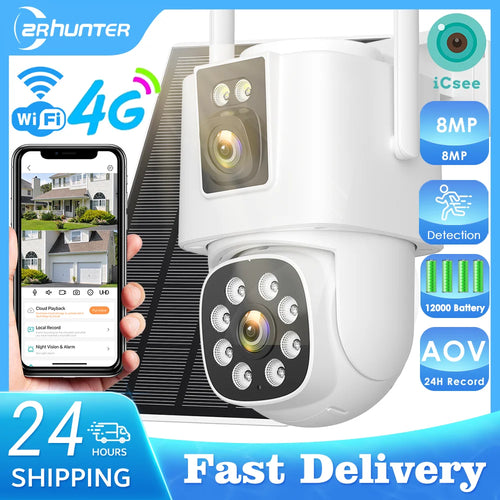 White solar PTZ security camera with dual lenses and adjustable mounting arm