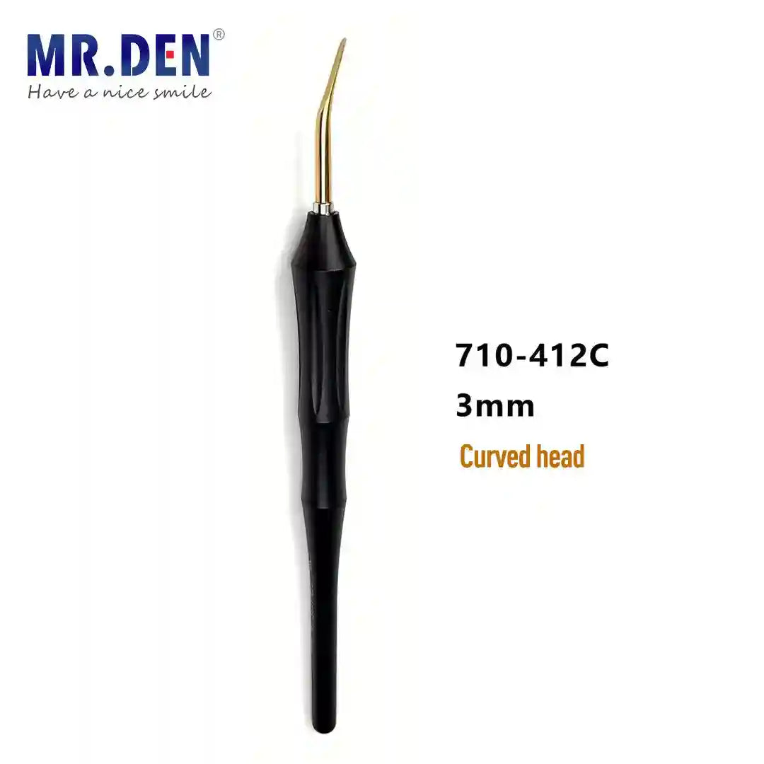 Dental composite placement instrument with a black handle and a 3mm gold-colored curved tip.
