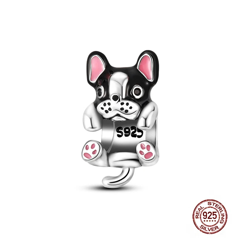 925 Sterling Silver French Bulldog charm bead for charm bracelets, featuring black and pink enamel dog jewelry gift.