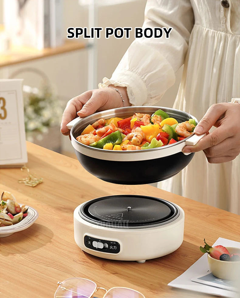 Portable split electric cooker with split pot body, hands adding chopped vegetables