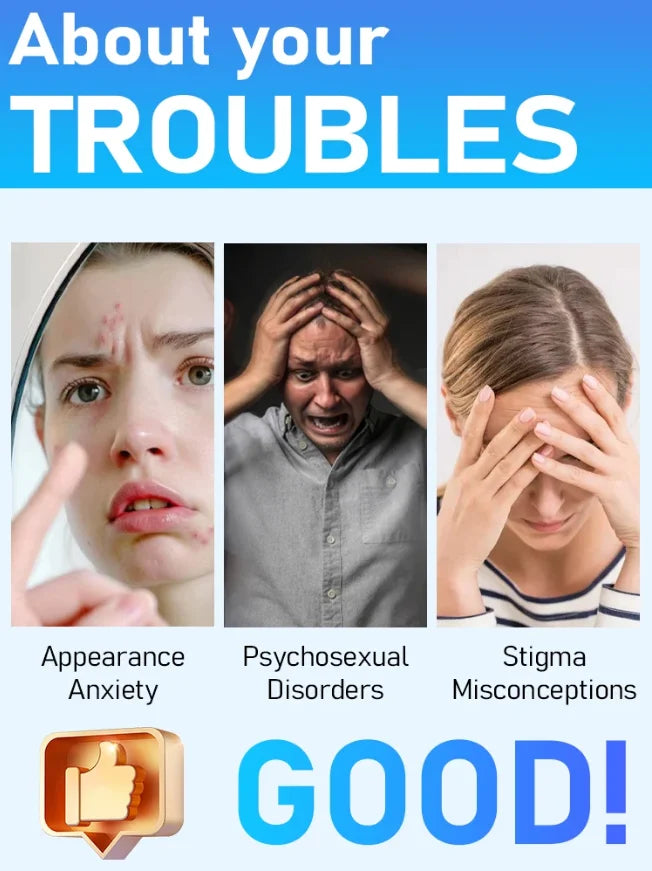 Three people showing emotional distress related to skin issues, appearance anxiety, and social stigma.
