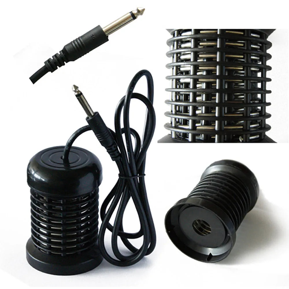 Ionic detox foot bath array with black cylindrical cage, power cable, and metal electrode for spa detoxification.