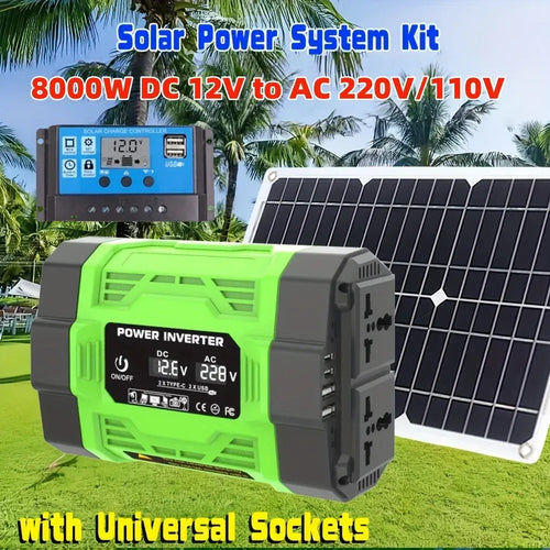 Green 8000W power inverter with digital display, solar panel, and controller against a palm tree background.