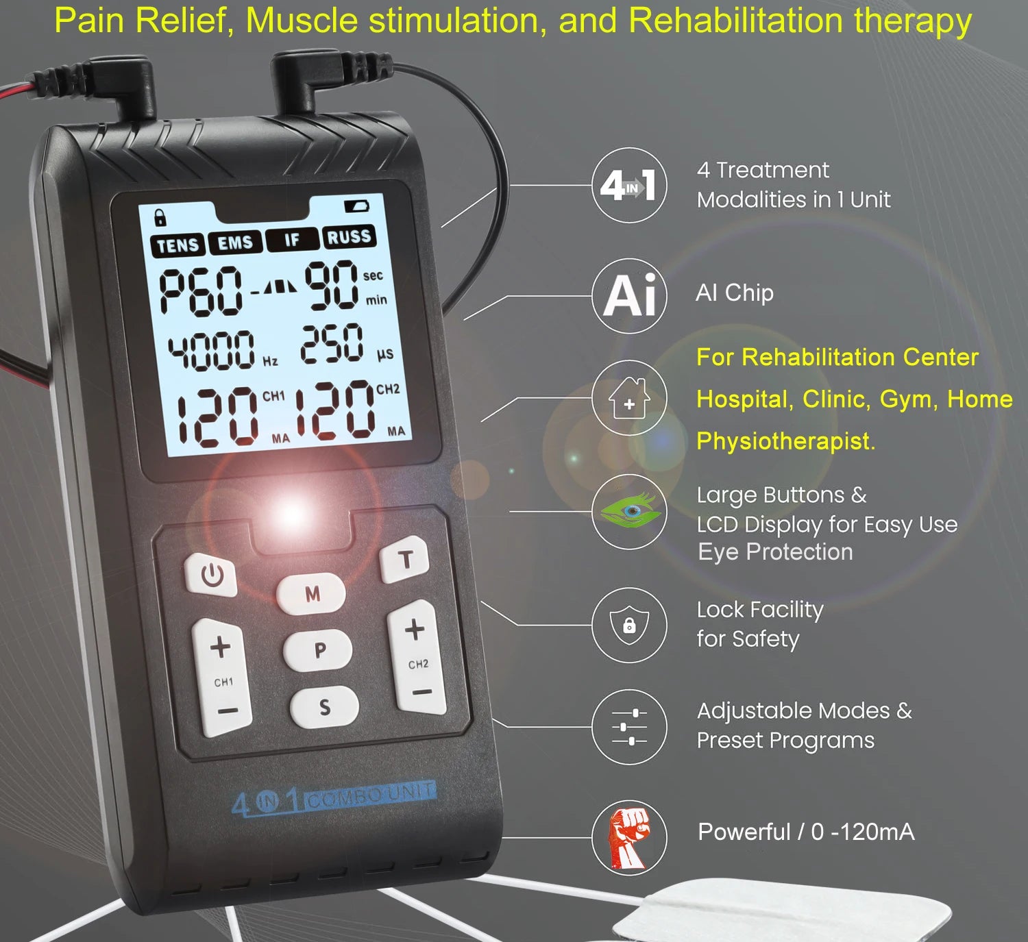 Portable 4-in-1 IFT RUSS EMS muscle stimulator with LCD screen, adjustable therapy modes, and safety lock for home use.