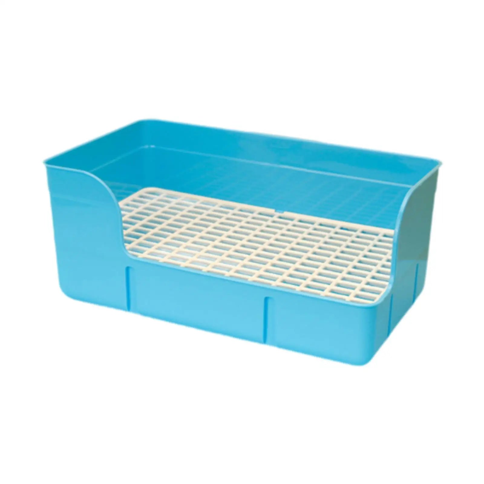 Blue plastic rabbit litter box with white grid floor for easy cleaning. Ideal toilet tray for small pets like hamsters.