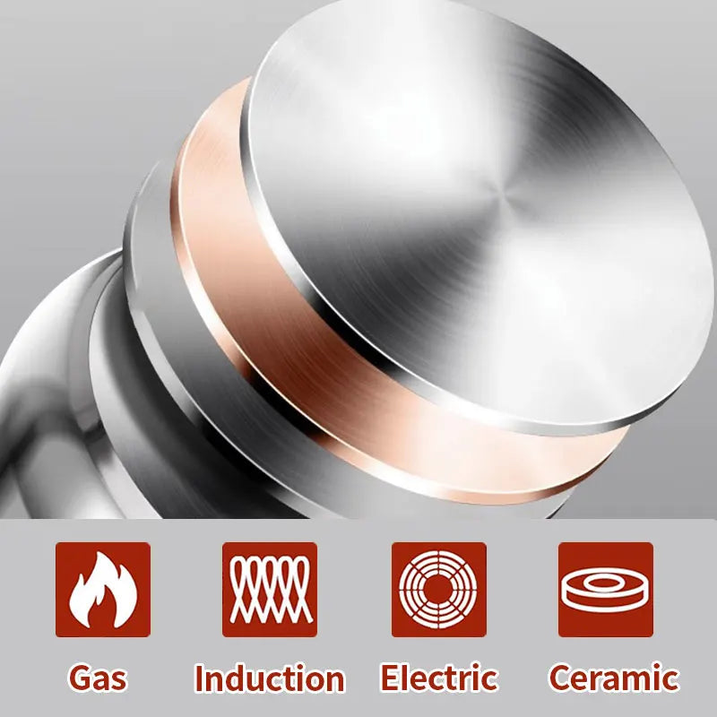 Stainless steel pressure cooker lid close-up with layered metal rim and vent