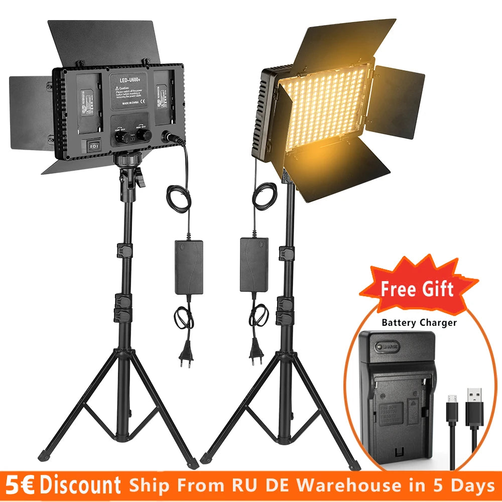 Two LED video light panels with black barn doors on tripod stands, plus a plug-in battery charger for photography.