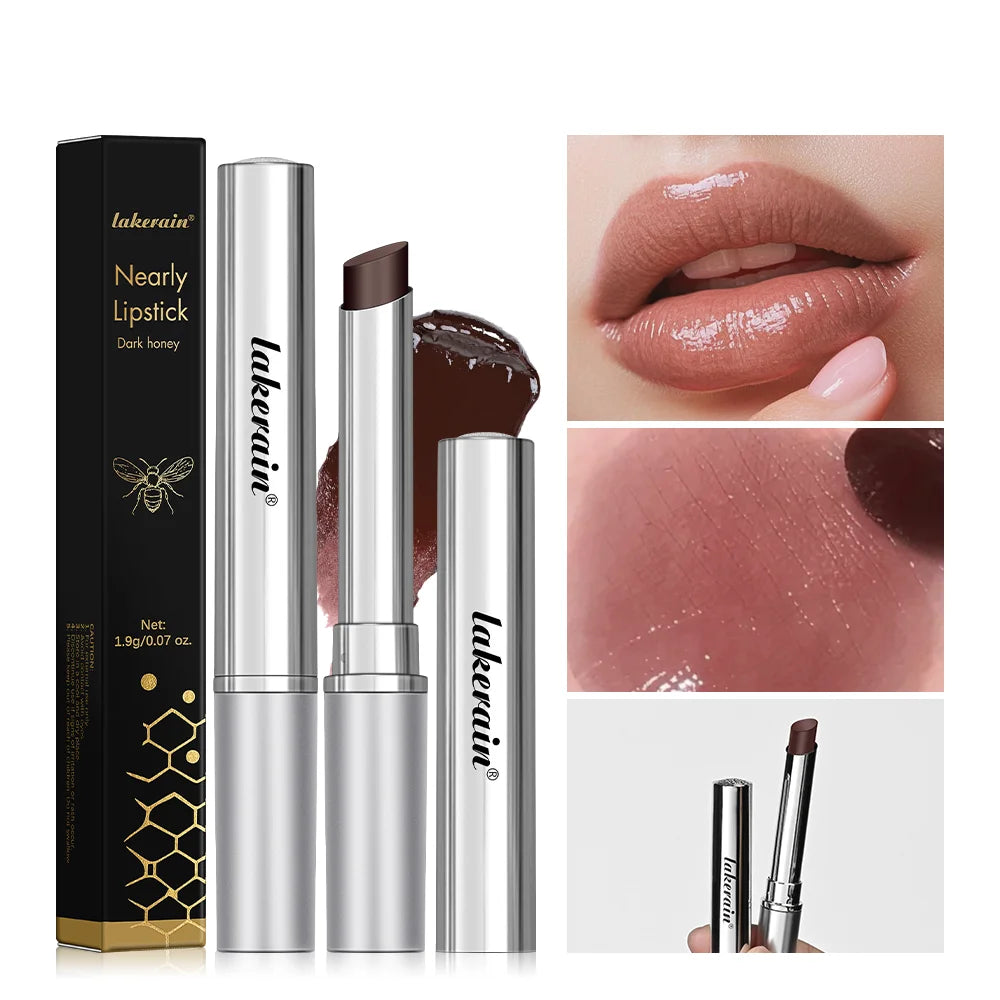 Lakerain nourishing black honey lipstick in a silver tube, showing a glossy, moisturizing brown tinted lip balm swatch.