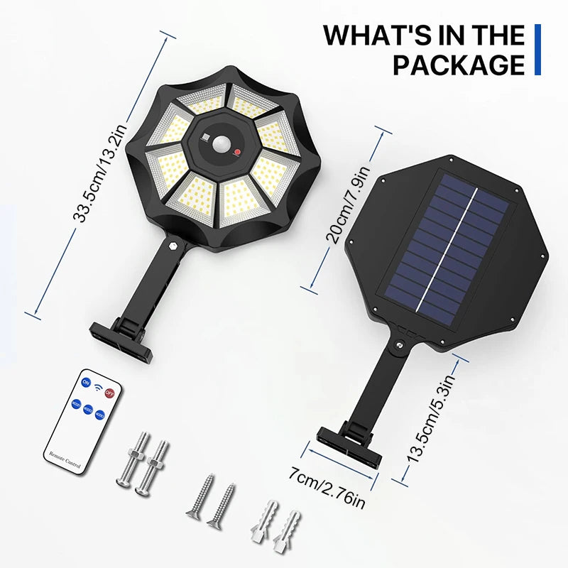 Solar Lights Outdoor 168LED 360° Adjustable Flood Light Dusk to Dawn 8 Sides Solar Outdoor Lights with Motion Sensor IP66 Waterproof Solar Street Lights Outdoor for Yard Pools