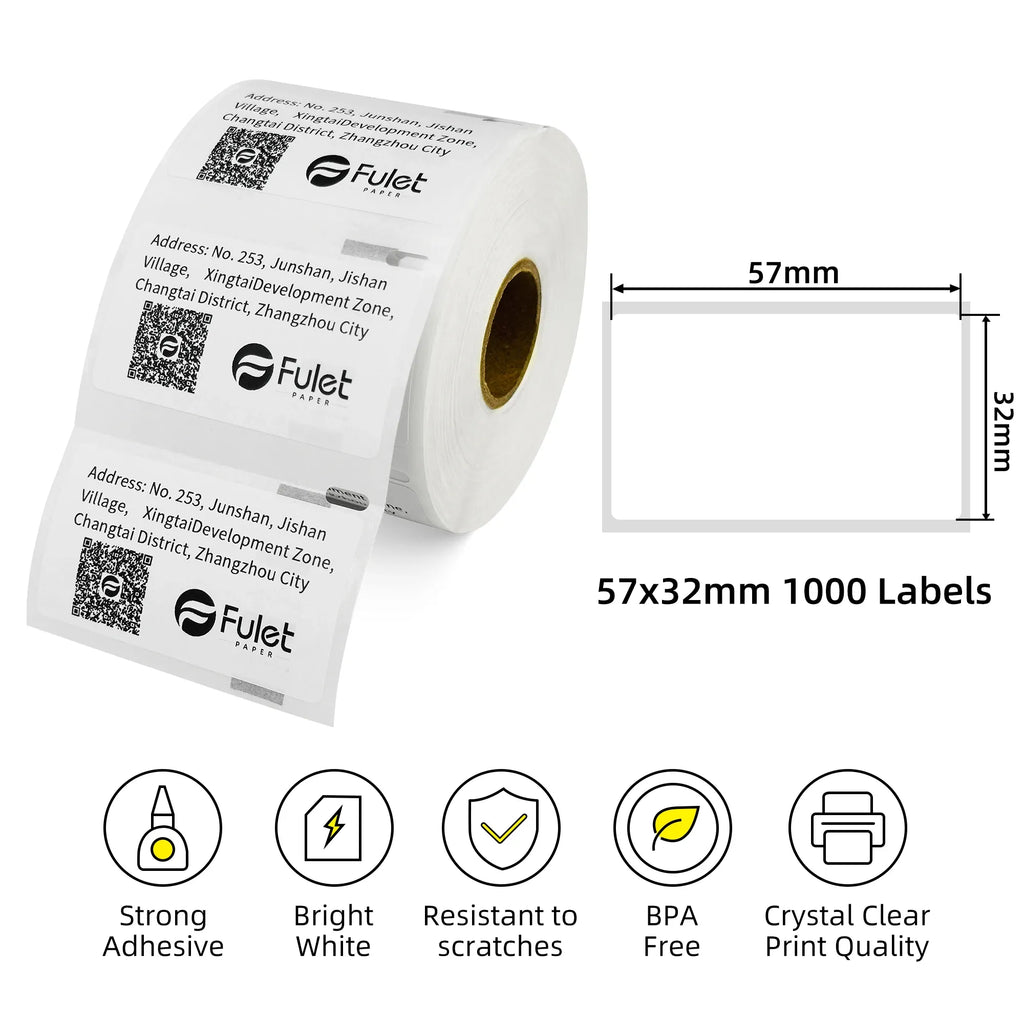 White barcode label roll, 57x32mm size shown for 1000 labels.