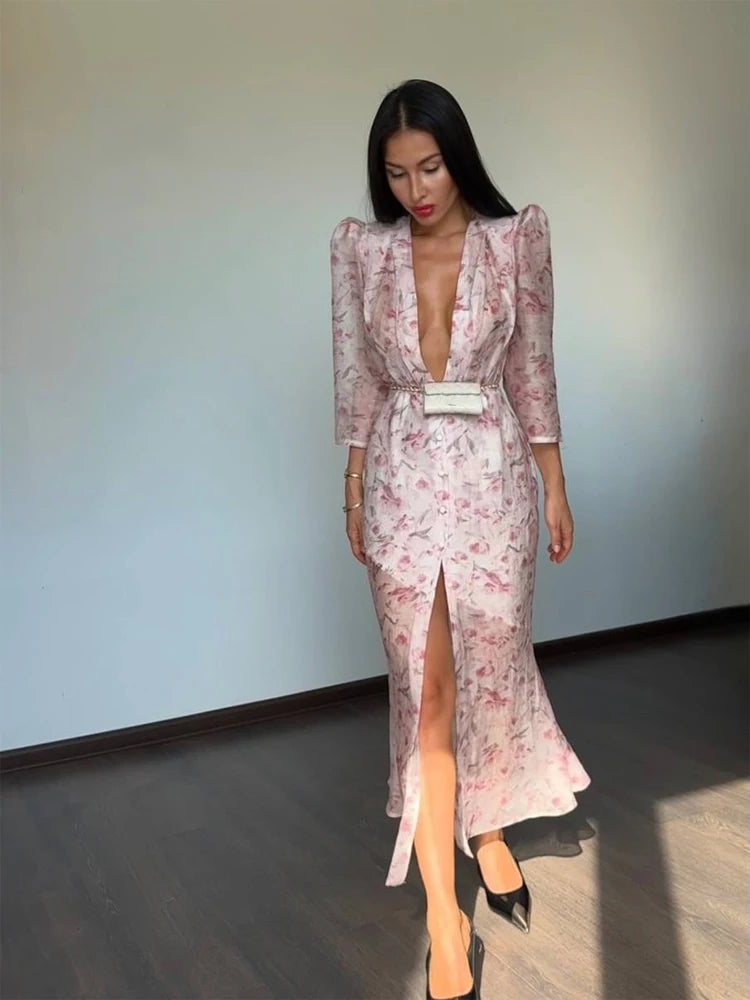 Fashion Sexy Organza Floral Printed Maxi Dress V-neck Puff Sleeve 2026 New Summer Romantic Women Party Gown Elegant Lady Vestido