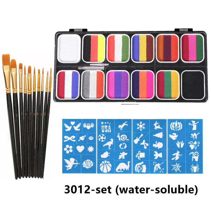 Tidesmit 12 color water-soluble face and body paint palette showing vibrant rainbow shades for carnival makeup