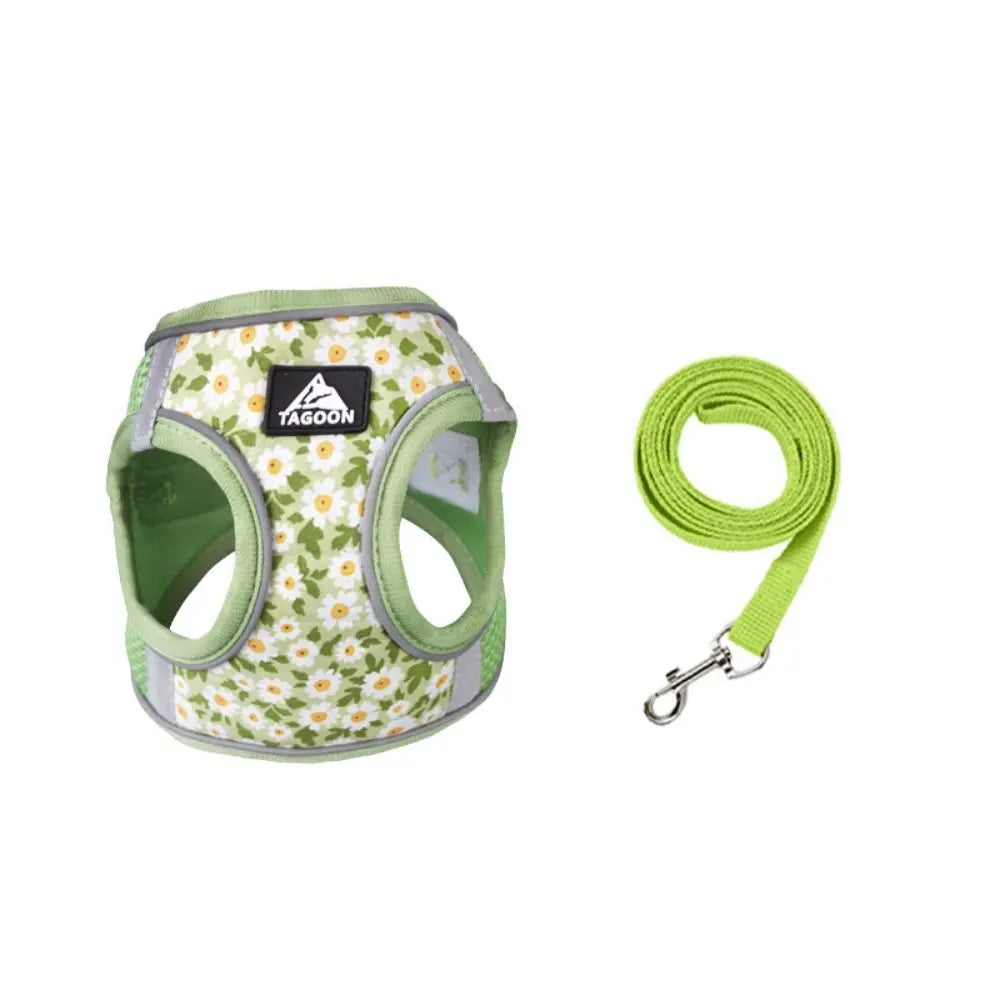 Green floral reflective pet harness and leash set, adjustable breathable mesh for small dogs and cats.