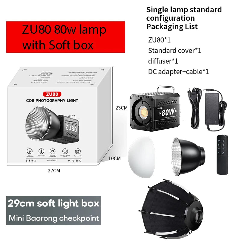 LED Video Light 60W-80W Bi-Color COB Studio Lamp for Content Creation ZU80 with Soft box Tidesmit
