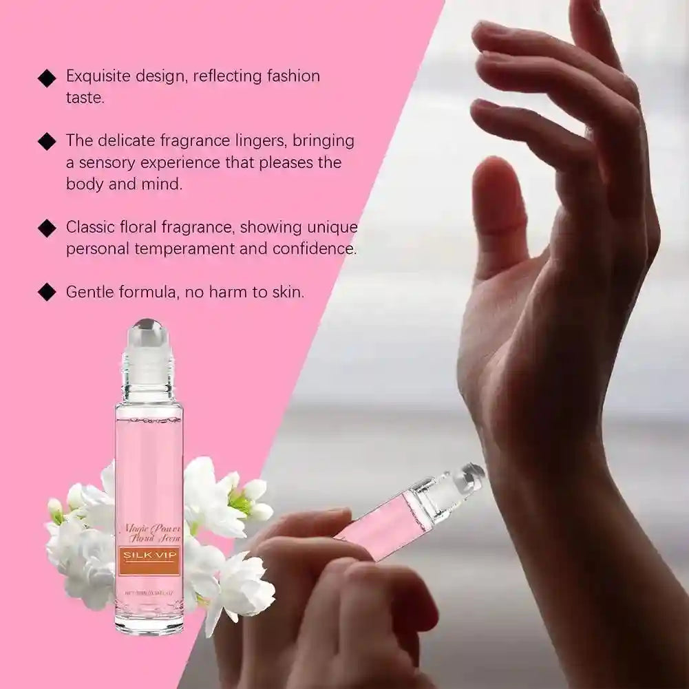 Silk VIP Magic Power pheromone roll-on perfume for men & women. Long-lasting floral scent in a slim travel glass bottle.