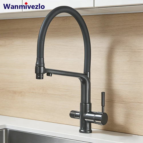 Black kitchen faucet with flexible gooseneck, dual outlets, single lever mixer