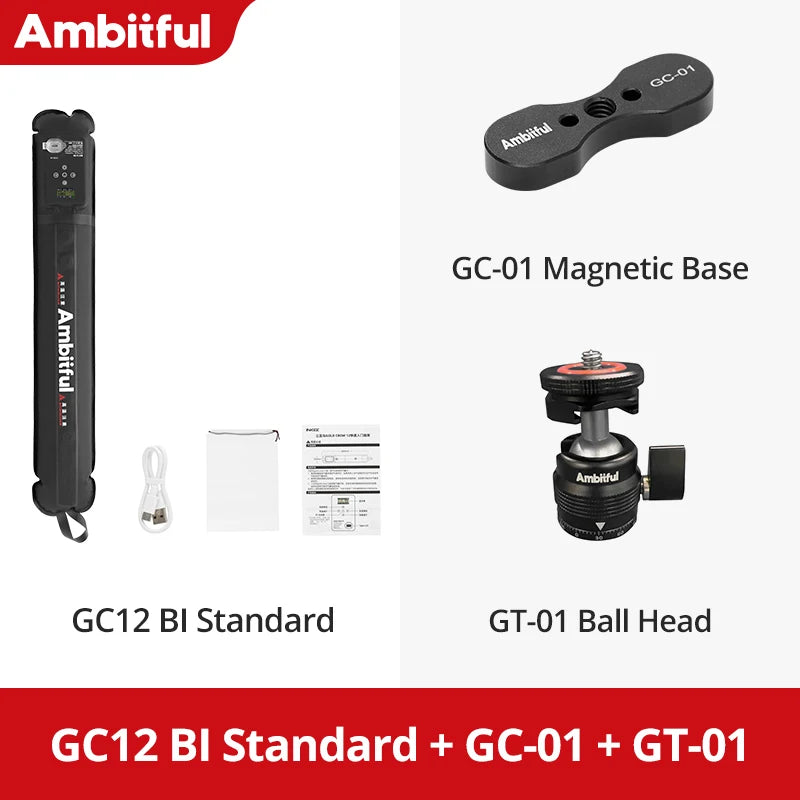 GC12 BI LED light bar, black GC-01 magnetic base, and GT-01 ball head for mounting photography equipment.