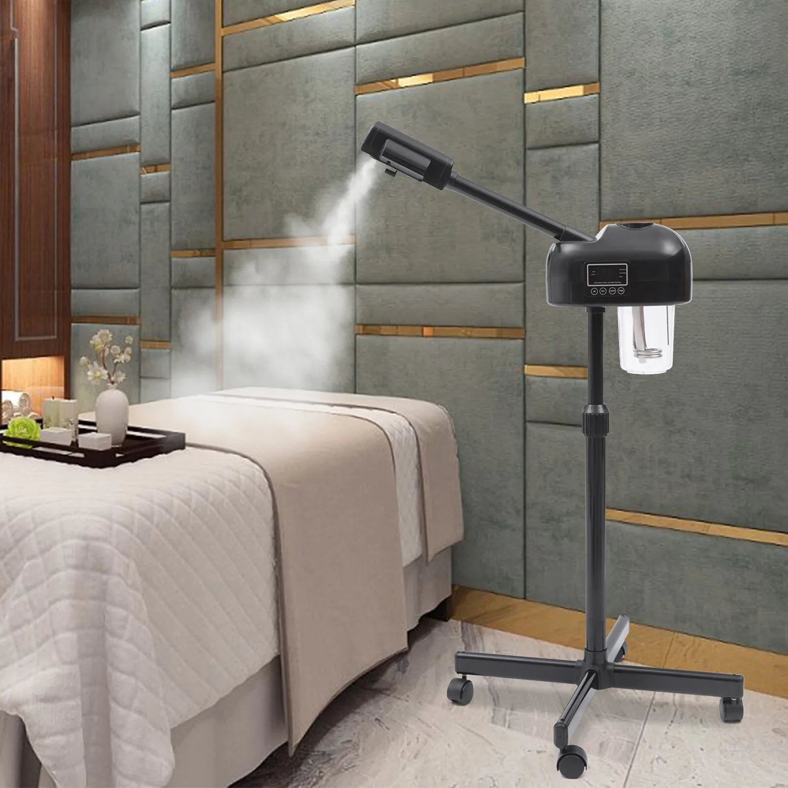 Portable black professional facial steamer with LCD screen, adjustable height, and rolling base in a spa room setting.