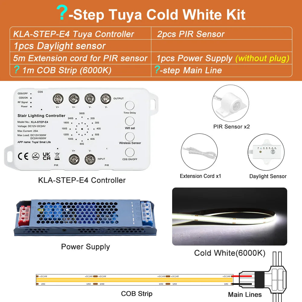 Tuya staircase LED strip kit with controller, 2 PIR sensors, daylight sensor, main lines