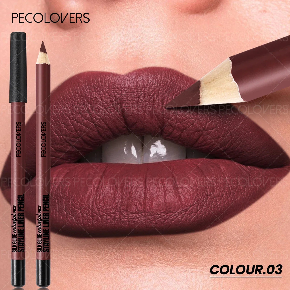 Long-lasting waterproof matte lip liner pencil in deep brown-red shade with a smooth, highly pigmented finish.