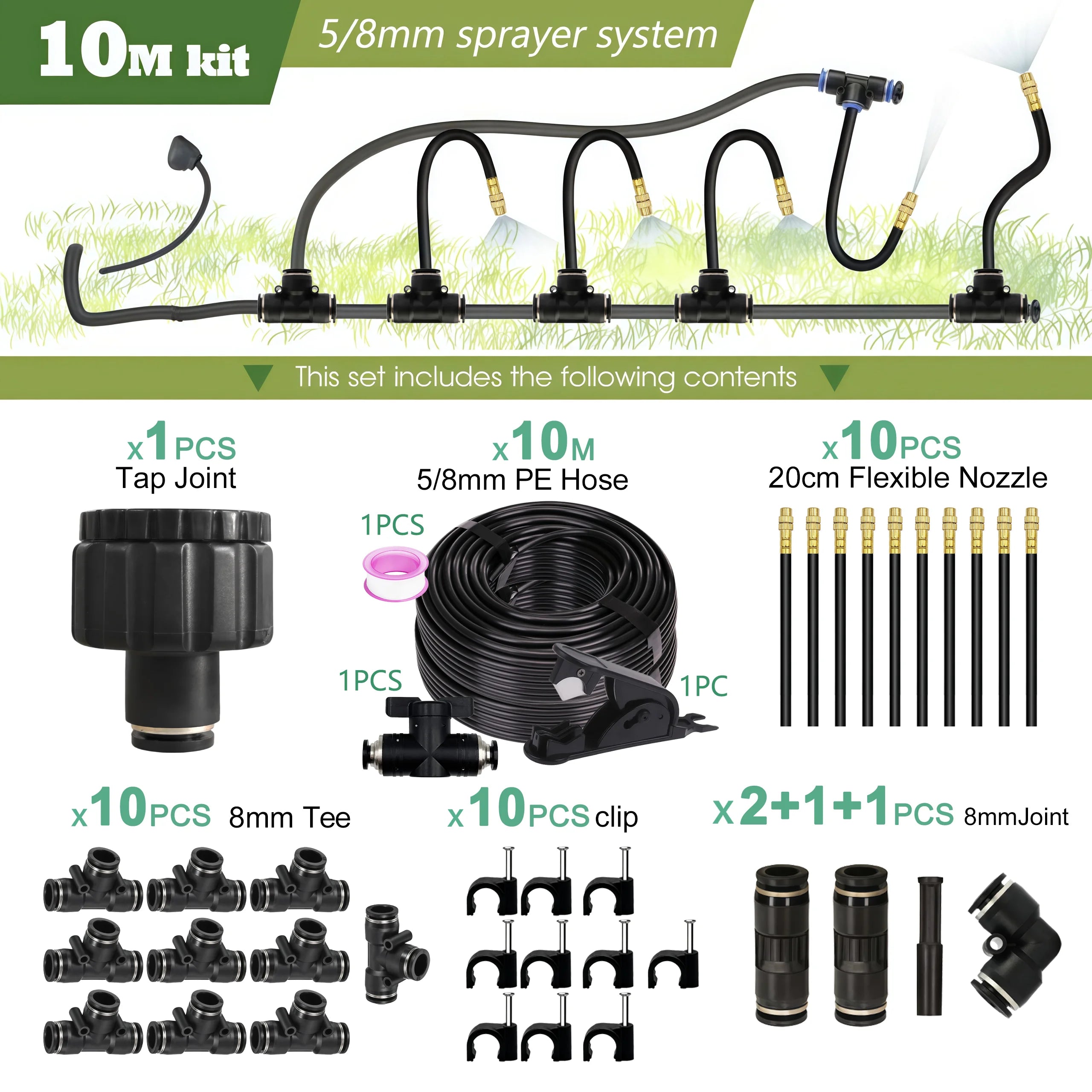 Garden 5 30M 8mm PE Hose 20cm 360 Bending Brass Nozzle Spray Kit Atomized Automatic Irrigation Equipment Plants Mist Watering System