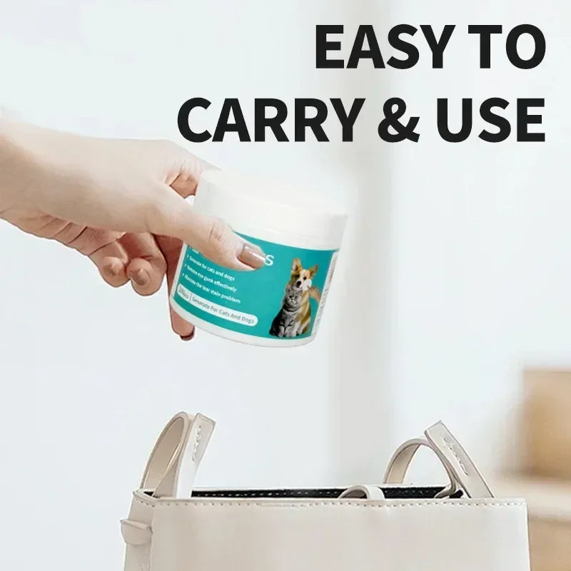 Pet eye cleaning wipes in a portable jar for dogs and cats to remove tear stains and eye gunk easily on the go.