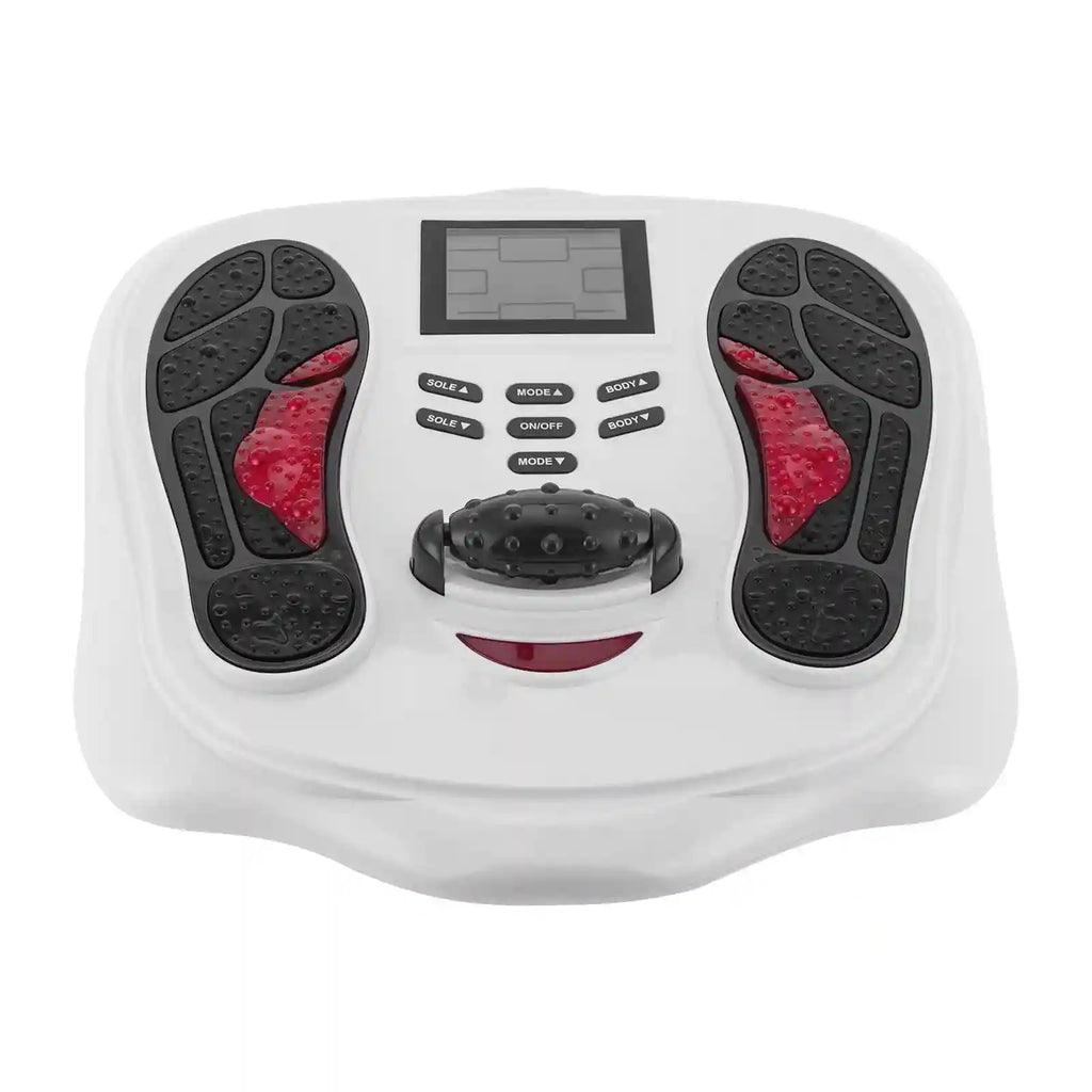 White electric foot massager and blood circulation simulator with LCD display, control buttons, and roller.