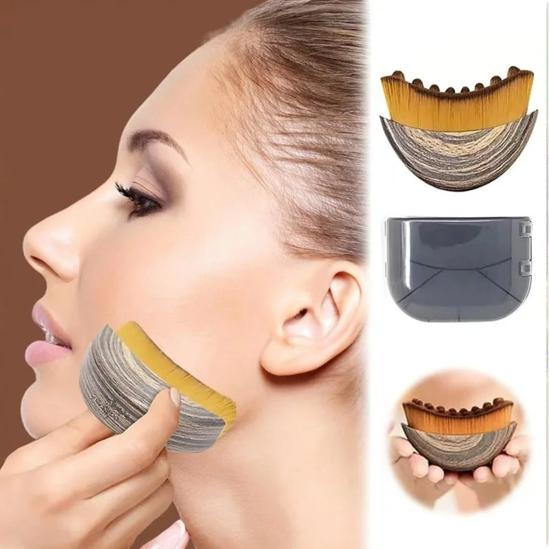 Woman using soft curved facial massage brush for lymphatic drainage and contouring on cheek, neck, and eye area.