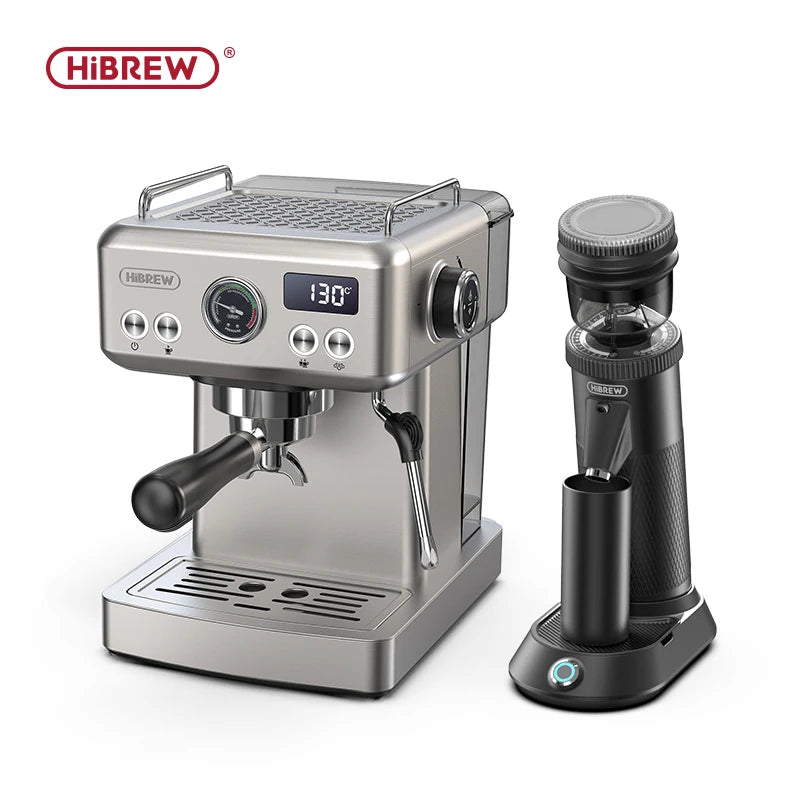 HiBREW stainless steel espresso machine with digital display, pressure gauge, and matching black coffee grinder.