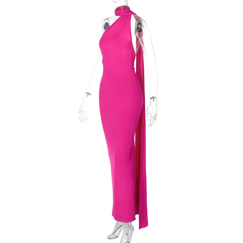 2023 One Shoulder Backless Adjustable Scarf Loop Ruched Sexy Maxi Dress Women Elegant Y2K Streetwear Festival Outfit