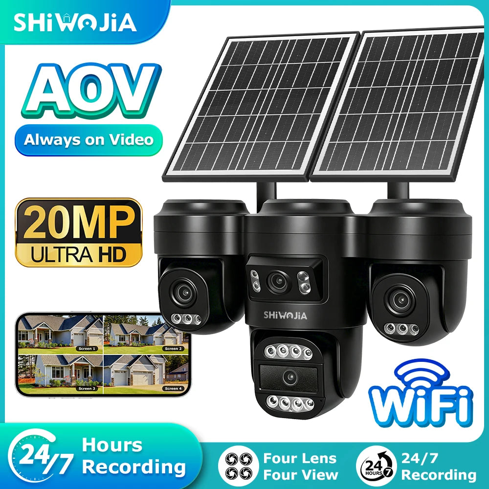 SHIWOJIA AOV Solar Security Camera WIFI 4G SIM Four Lens AI Human Auto Tracking Outdoor CCTV Camera 24/7 Recording