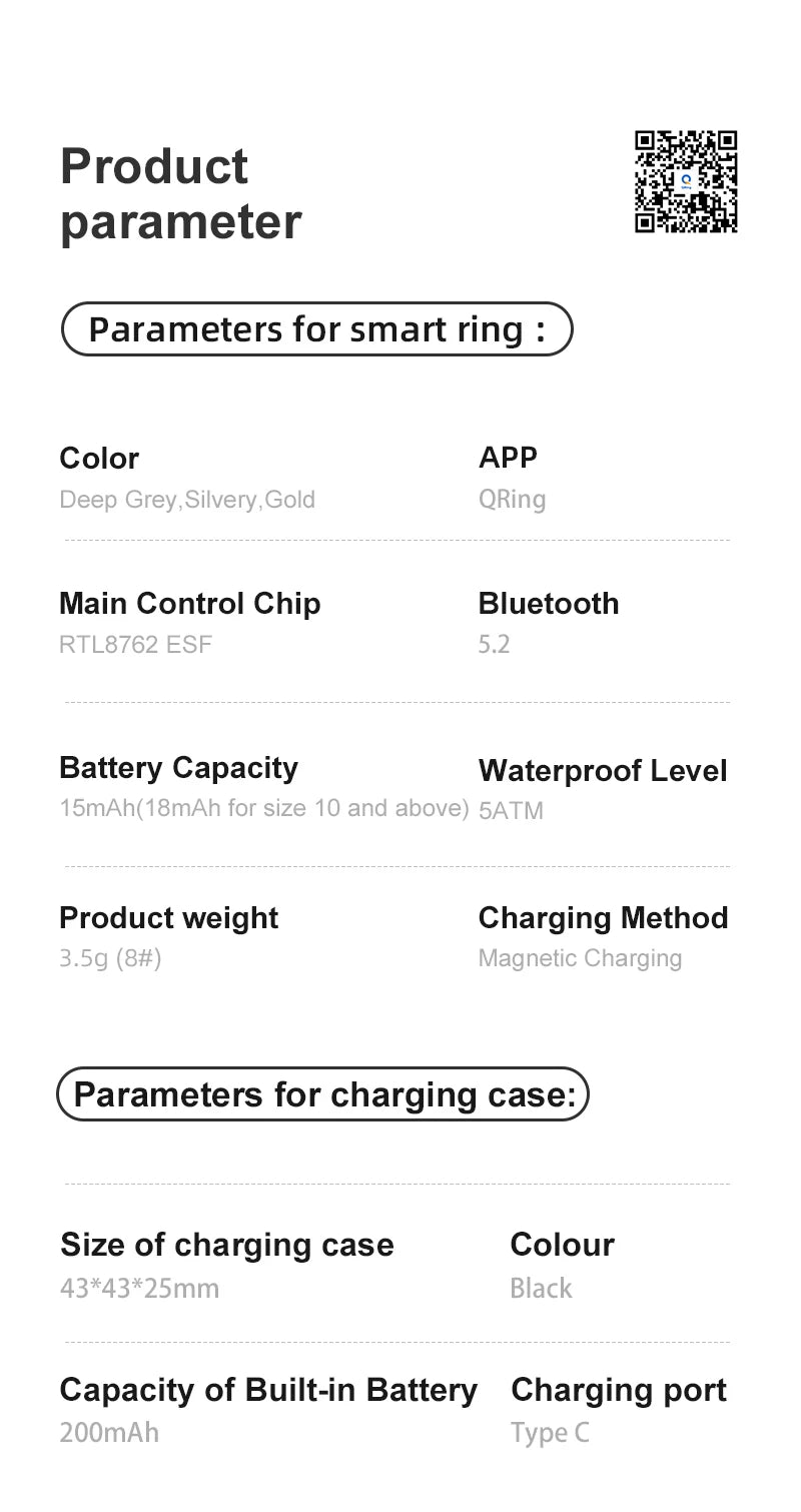 R08 Smart Ring with Charging Case Men Women Health and Sleep Monitor Heart Rate Monitoring 5ATM Waterproof Multi Sport Mode