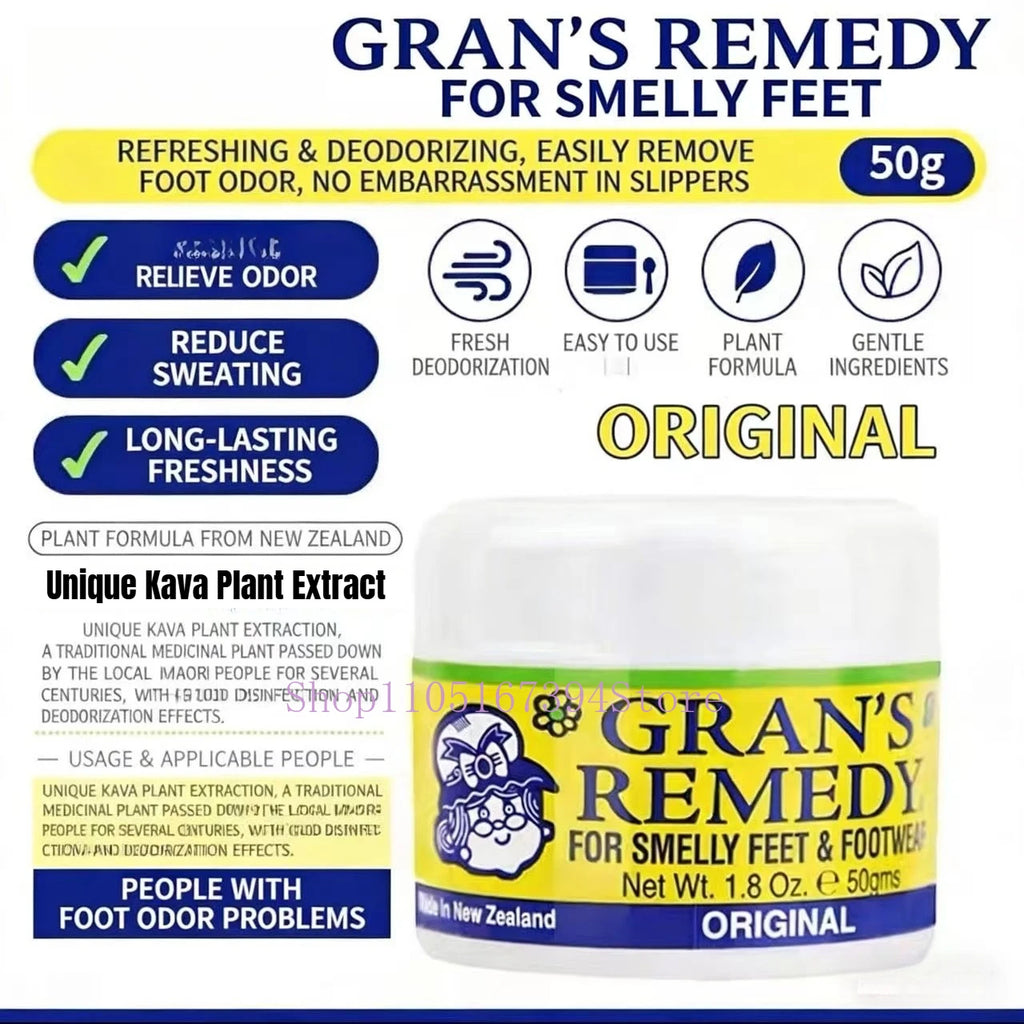 Gran's Remedy foot powder jar with yellow and green label, featuring text for natural shoe deodorizer and odor control.