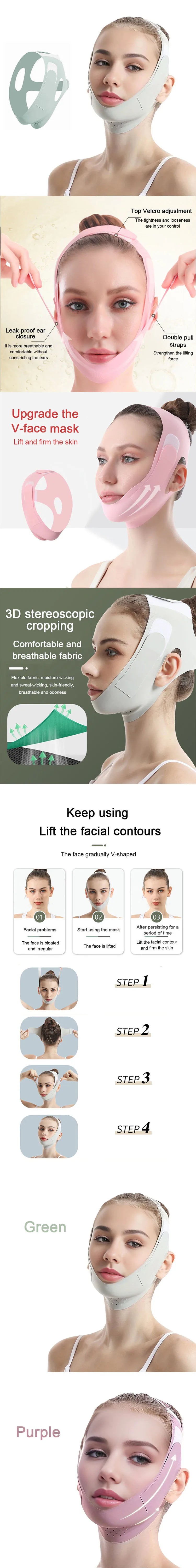 V-line face slimming bandage in green and pink, features breathable fabric, velcro straps, and V-shape chin lift tool.
