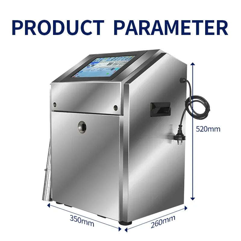 Stainless steel inkjet printer with touchscreen and metal enclosure with size diagram