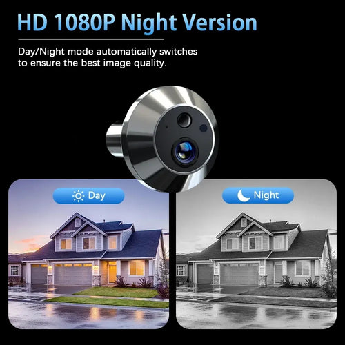 Black cat-eye video doorbell camera with wide lens, shown for day and night viewing