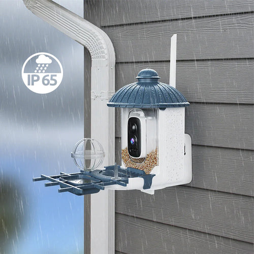 Blue and white solar bird feeder security camera mounted on wall with hanging feeder bowl