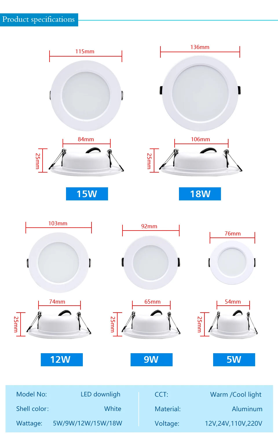 2-8pcs Recessed Ultra-thin LED Downlight DC12V 24V AC110V-240V Ceiling Lamp Warm Cold White Indoor 5W 9W 12W 15W 18W Lighting