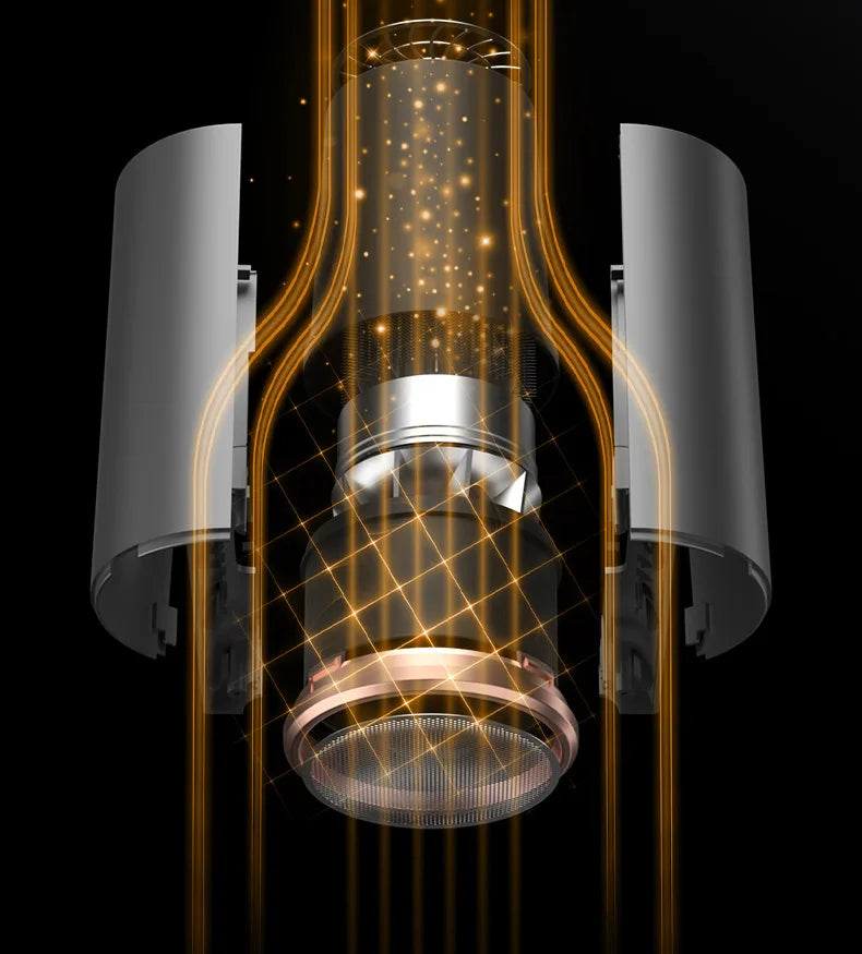 Exploded view of high-power silver wall-mounted hair dryer showing internal motor, copper accents, and airflow design.