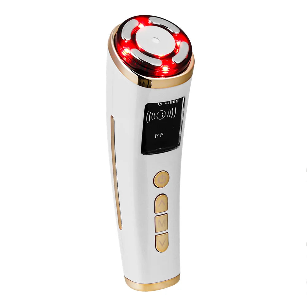 White and gold handheld HIFU facial device with a glowing red LED treatment head and digital display screen.