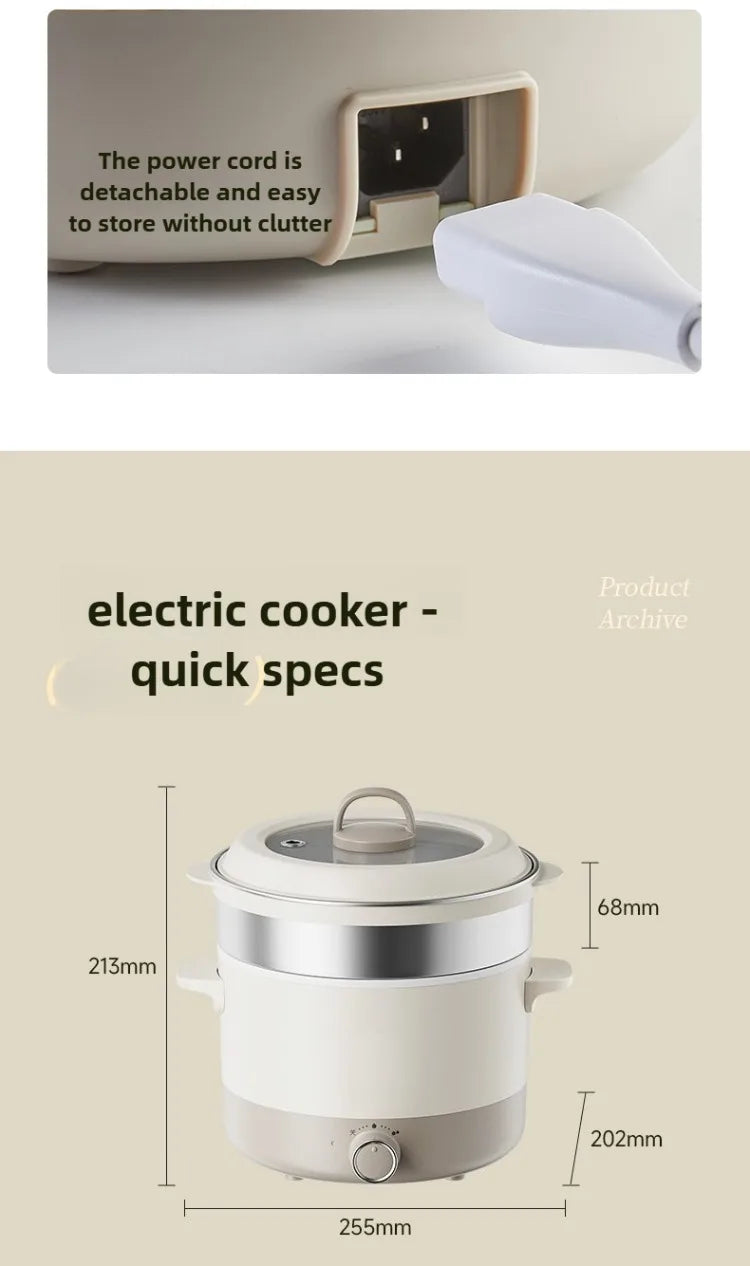 White electric multi cooker with lid and control knob, showing power cord and plug